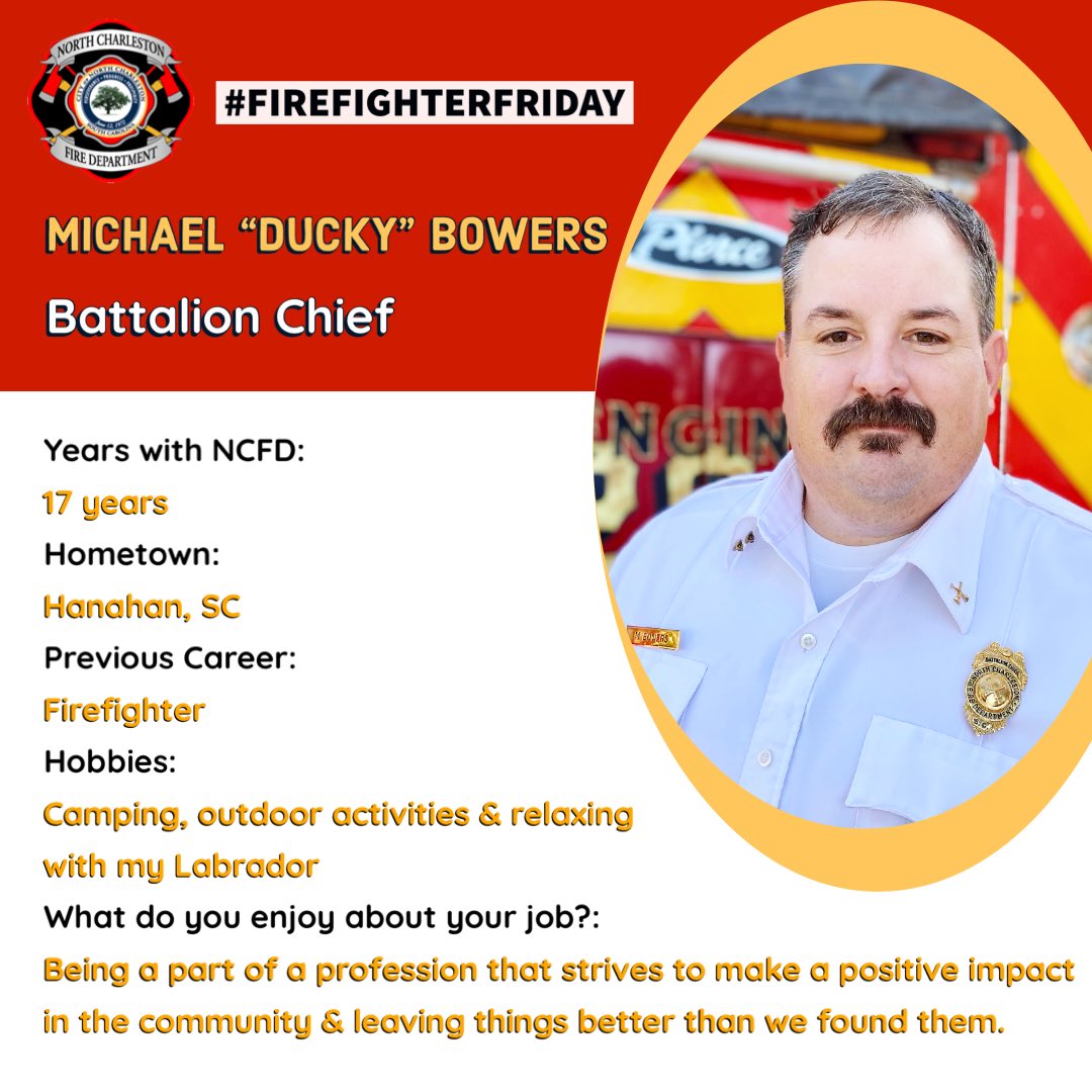 NCFDSC's tweet image. Get to know your @NorthCharleston firefighters on #FirefighterFriday!

Meet Battalion Chief Michael “Ducky” Bowers!

#firefighter #firefighterrecruitment  #firstresponders #northcharleston