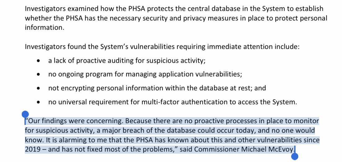 HealthWorksBC's tweet photo. Left untreated: security gaps in BC’s #publichealth database. “@PHSAofBC has know about this and other vulnerabilities since [before] 2019 &amp; not fixed most of the problems.” Yesterday’s @BCInfoPrivacy damning report with 7 recommendations. #bcpoli #healthit #cdnhealth #phsa #cdc https://t.co/CMfWrgdQev