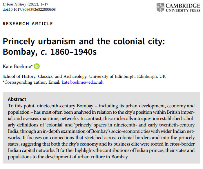 UrbanHistoryCUP's tweet photo. 📢 Out now on #FirstView

Kate Boehme, 'Princely urbanism and the colonial city: #Bombay, c. 1860–1940s'

🔗 https://t.co/46bHFY7u2x #UrbanHistory https://t.co/Yls6RsysgZ