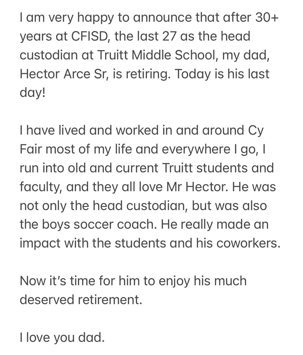 Hector Arce (@hectorarce) on Twitter photo Enjoy your retirement dad. I love you. <a href="/HectorArceSr/">Hector Arce Sr.</a> <a href="/HECTORA93538771/">HECTOR ARCE</a> <a href="/CyFairISD/">Cypress-Fairbanks ISD</a> <a href="/truittcfisd/">Truitt Middle School</a> Enjoy your retirement dad. I love you. <a href="/HectorArceSr/">Hector Arce Sr.</a> <a href="/HECTORA93538771/">HECTOR ARCE</a> <a href="/CyFairISD/">Cypress-Fairbanks ISD</a> <a href="/truittcfisd/">Truitt Middle School</a>