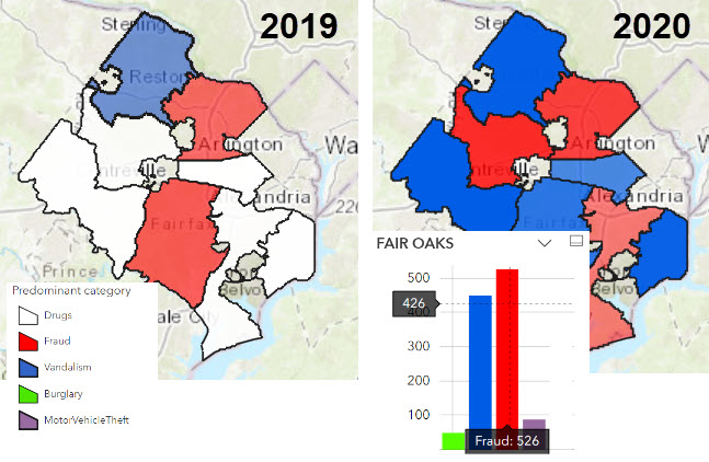 Jason Smolinski (@geosmolinski) on Twitter photo Did you know? <a href="/FairfaxCountyPD/">Fairfax County Police</a> received ~800,000 calls in 2019+2020! Students analyzed data on 5 specific crimes: Auto Theft, Burglary, Drugs, Fraud, and Vandalism. One student's map shows the predominant crime (of the 5) in each district. Curious how Covid changed the calls. Did you know? <a href="/FairfaxCountyPD/">Fairfax County Police</a> received ~800,000 calls in 2019+2020! Students analyzed data on 5 specific crimes: Auto Theft, Burglary, Drugs, Fraud, and Vandalism. One student's map shows the predominant crime (of the 5) in each district. Curious how Covid changed the calls.