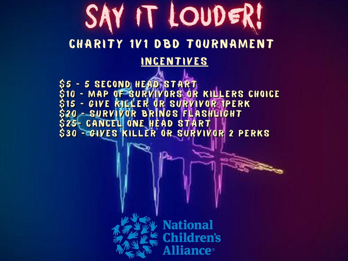 SnailzTalez's tweet image. ✨TOMORROW!!!!!!!!!! ✨
24 hours away…. 

First charity’s 1v1 DBD Tournament!!! For the Say It Louder Fundraiser for @NCAforCACs 

Support your favorite survivor/killer!!!! 💜