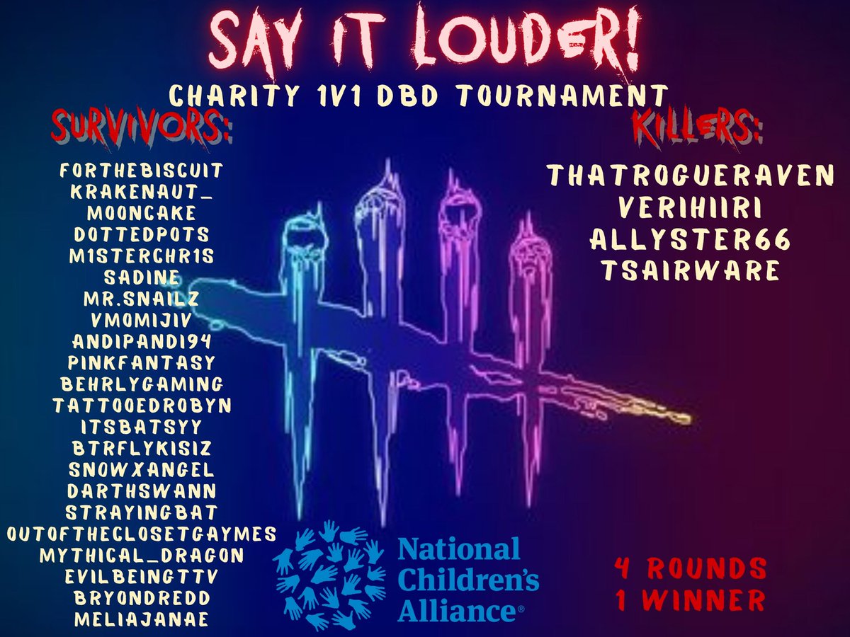 SnailzTalez's tweet image. ✨TOMORROW!!!!!!!!!! ✨
24 hours away…. 

First charity’s 1v1 DBD Tournament!!! For the Say It Louder Fundraiser for @NCAforCACs 

Support your favorite survivor/killer!!!! 💜