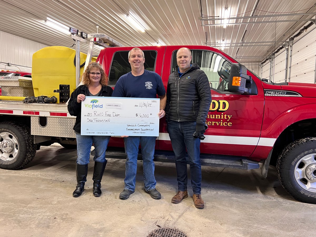 Viafield's tweet photo. The Viafield Community Enhancement Foundation recently presented the Rudd Fire Department with a $6000 donation. Thanks to our continued partnership with Land O'Lakes, these funds will help the department purchase new equipment to keep the community safe. #givingback #donation https://t.co/z5pvWjv0YD