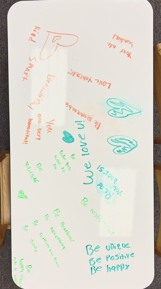 Can we talk about the beautiful and affirming messages one of our 4th grade classes chose to leave on our media center dry erase tables for the younger groups who would enter later in the day?! If this doesn’t make your heart grow three sizes bigger… 🐯💗