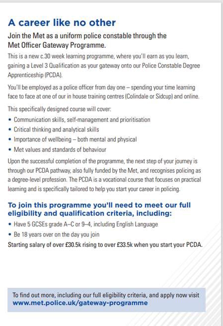 EA_OutreachMPS's tweet photo. Great opportunity for someone who doesn't have the necessary UCAS points to be eligible for the degree apprenticeship pathway, you can now opt for the 'gateway programme' . 
'Earn whilst you Learn' . Please RT @MPSRedbridge #BecomeAPoliceOfficer #JoinTheMet https://t.co/E7KIdASCss