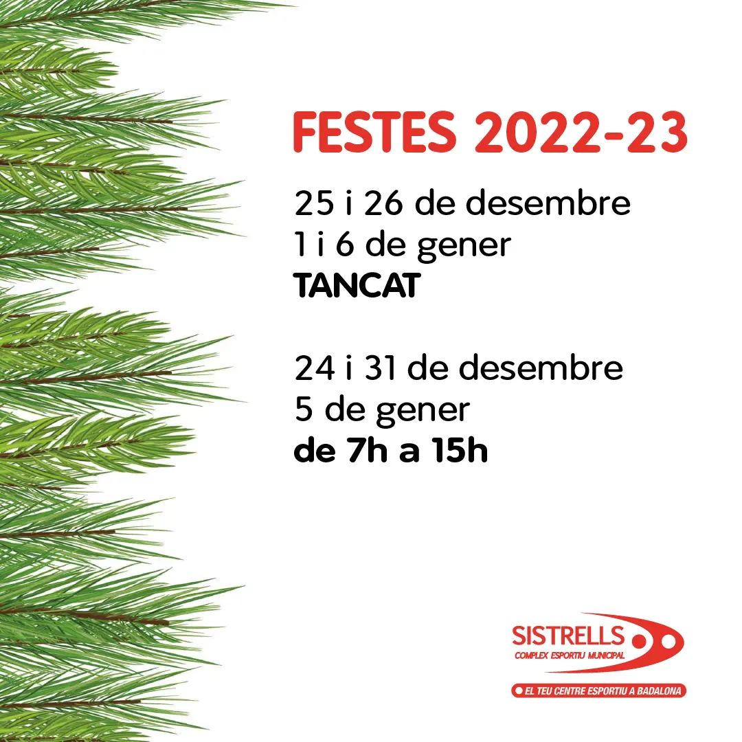 Cem_sistrells's tweet photo. 🎄Horari festius Nadal💫

#CEMSistrellsBadalona #CEMSistrells #Sistrells #Sistrellséssalut #Badalona #BDN #Barcelona #BCN #esport #activitat #física #activitatfísica #salut #gimnàs #fitness #centre #esportiu #centreesportiu #gym #horari #horaris #objectius #piscina #spa #relax https://t.co/V2FpG30SFK