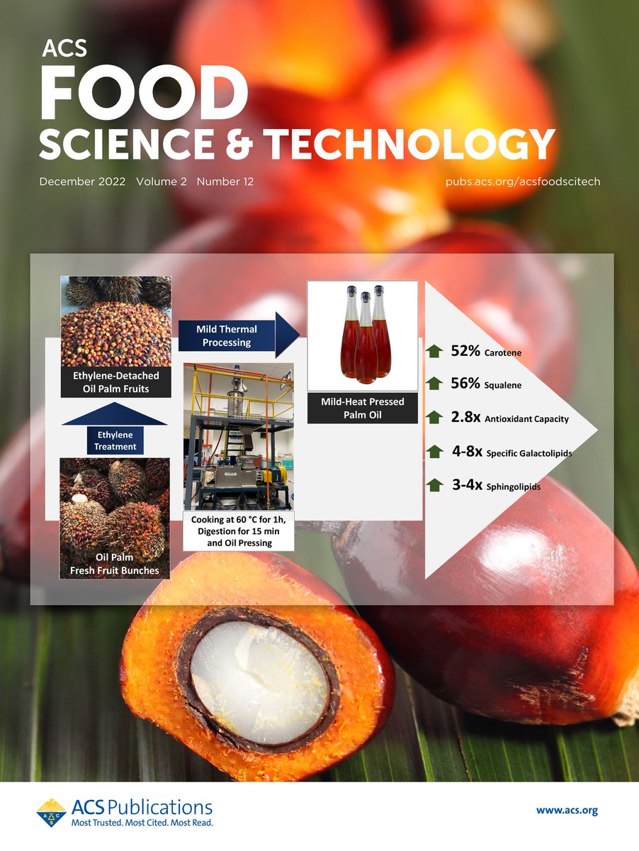 JAgFoodChem's tweet photo. Our final issue of the year of ACS Food Science &amp; Technology is now online!

Our front cover this month shows the preservation of phytonutrients, antioxidants, and minor lipids in palm #oil through mild thermal processing. Read the article at https://t.co/WUWj2IWyjK https://t.co/6iq4icpBt9