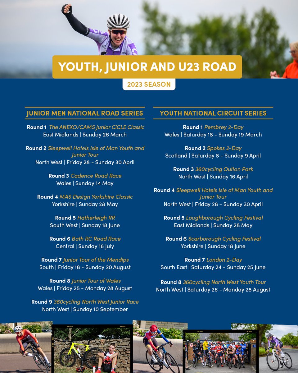 BritishCycling's tweet photo. 🚴 The next generation 🚴

Announcing the Under 23, Junior and Youth Road and Circuit dates for the 2023 season! 

Find out where we're heading here 👉https://t.co/gpTu3bSsBP https://t.co/YxOkVcya2h
