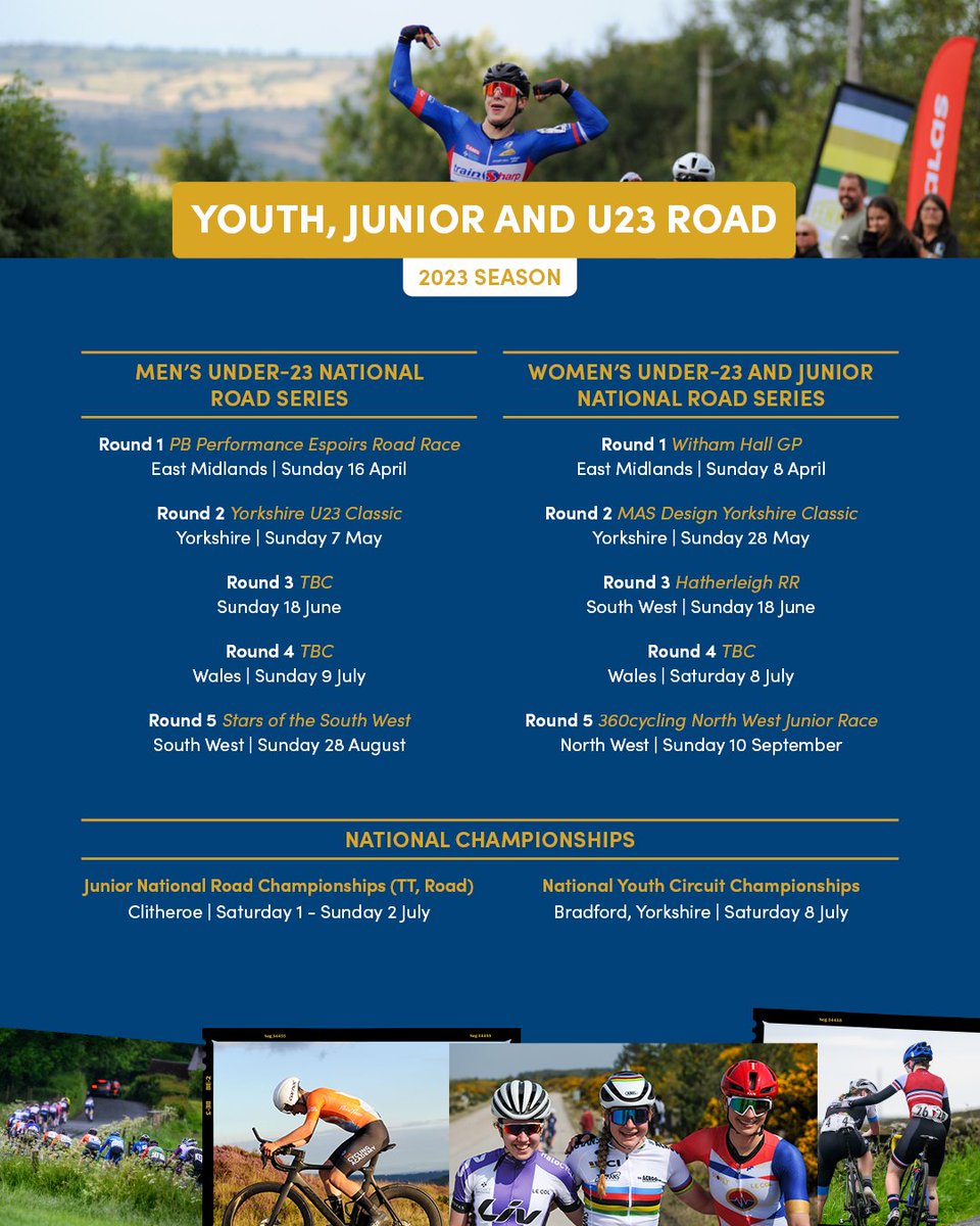 BritishCycling's tweet photo. 🚴 The next generation 🚴

Announcing the Under 23, Junior and Youth Road and Circuit dates for the 2023 season! 

Find out where we're heading here 👉https://t.co/gpTu3bSsBP https://t.co/YxOkVcya2h