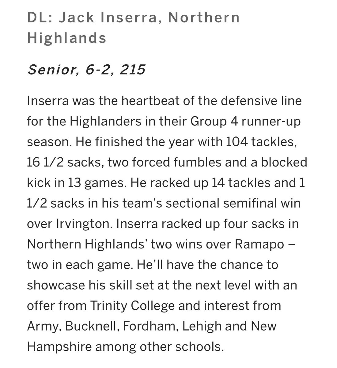 Jack Inserra (@jackinserra) on Twitter photo Wow! Thank you <a href="/njdotcom/">njdotcom</a> for the write up. Blessed to be recognized as FIRST TEAM ALL-STATEβΌοΈ <a href="/Greg_Russo/">Greg Russo</a> <a href="/Metro7Football/">Metro7Football</a> <a href="/coachdcord/">Dave Cord</a> Wow! Thank you <a href="/njdotcom/">njdotcom</a> for the write up. Blessed to be recognized as FIRST TEAM ALL-STATEβΌοΈ <a href="/Greg_Russo/">Greg Russo</a> <a href="/Metro7Football/">Metro7Football</a> <a href="/coachdcord/">Dave Cord</a>