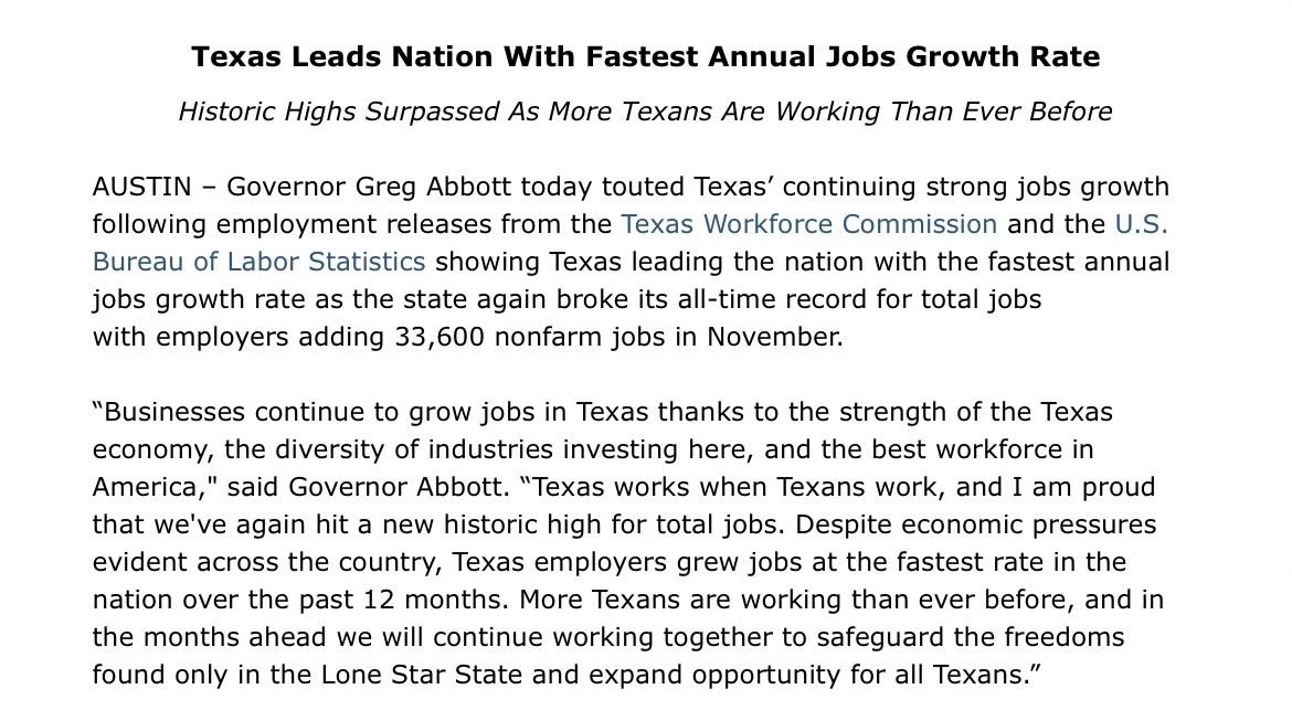 GregAbbott_TX's tweet image. ANOTHER record-smashing month!

Texas broke our total jobs record for the 13th month in a row, reaching over 13.6 MILLION jobs.

We continue to surpass historic highs with more Texans working than ever before!