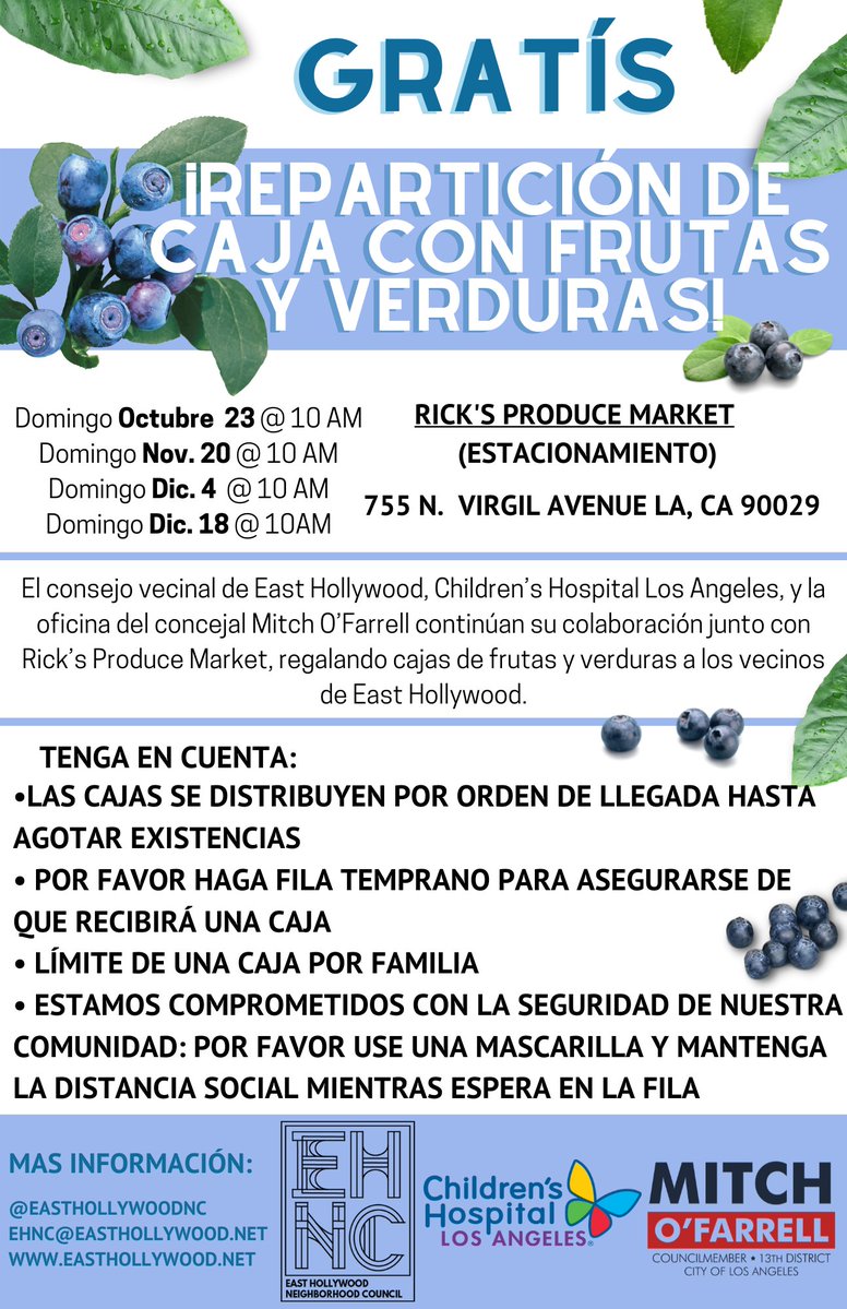 ChildrensLA's tweet photo. Cajas de productos gratuitas – Domingo 18 de Diciembre, 10 a.m., en Rick's Produce Market, 755 N. Virgil Ave. Colaboración entre @ChildrensLA @easthollywoodnc @mitchofarrelly Rick’s Produce. Ver folleto para más información. #communityimpact #beyondwell https://t.co/FaJnoTh2Ze