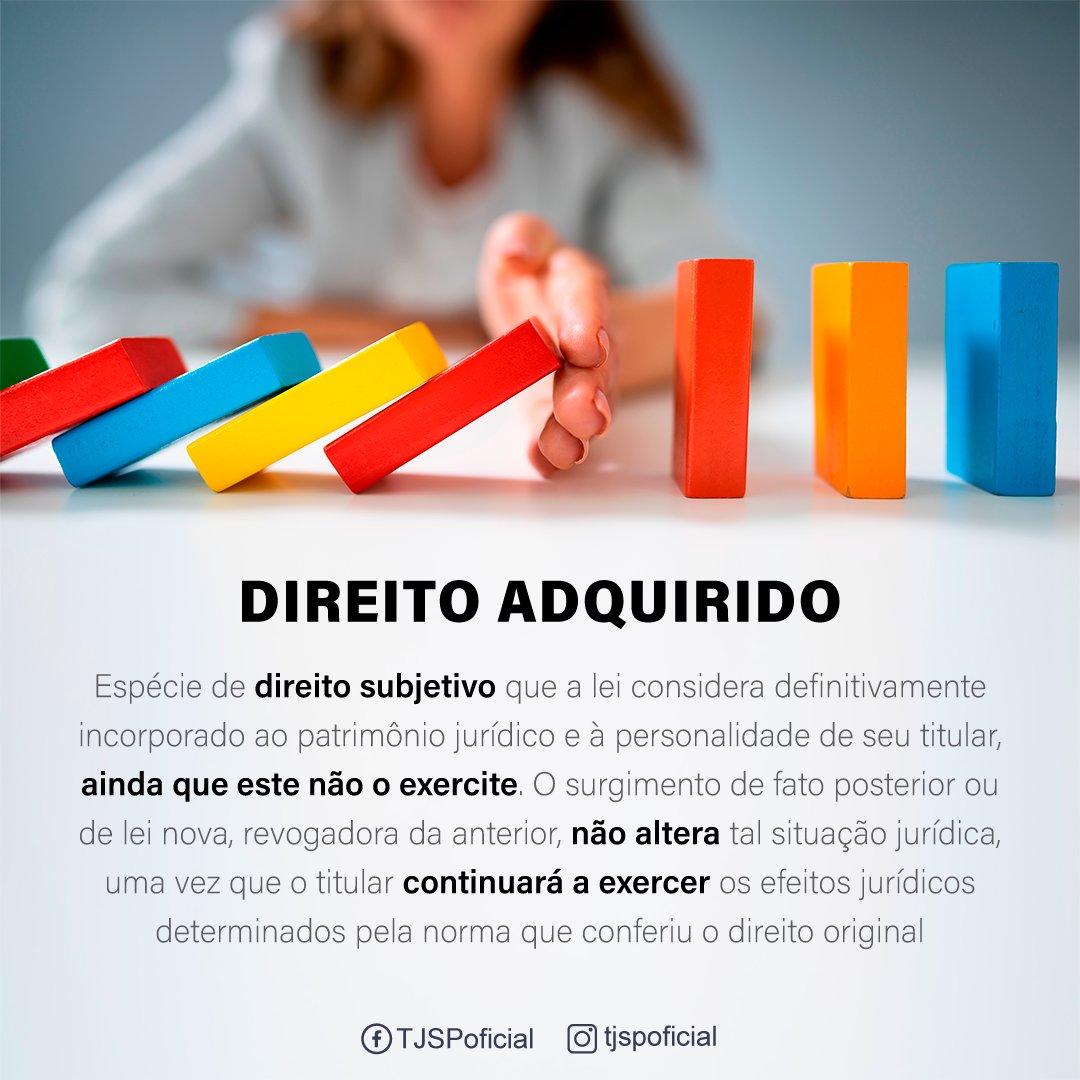 TJSPoficial's tweet image. O direito adquirido está previsto no artigo 5º, XXXVI, da Constituição Federal, e no artigo 6º, §2º, da Lei de Introdução às Normas do Direito Brasileiro (LINDB). #GlossárioJurídico #CF #LINDB #DireitoAdquirido #SomosTJSP #RedesSociais #SocialMedia #MídiasSociais