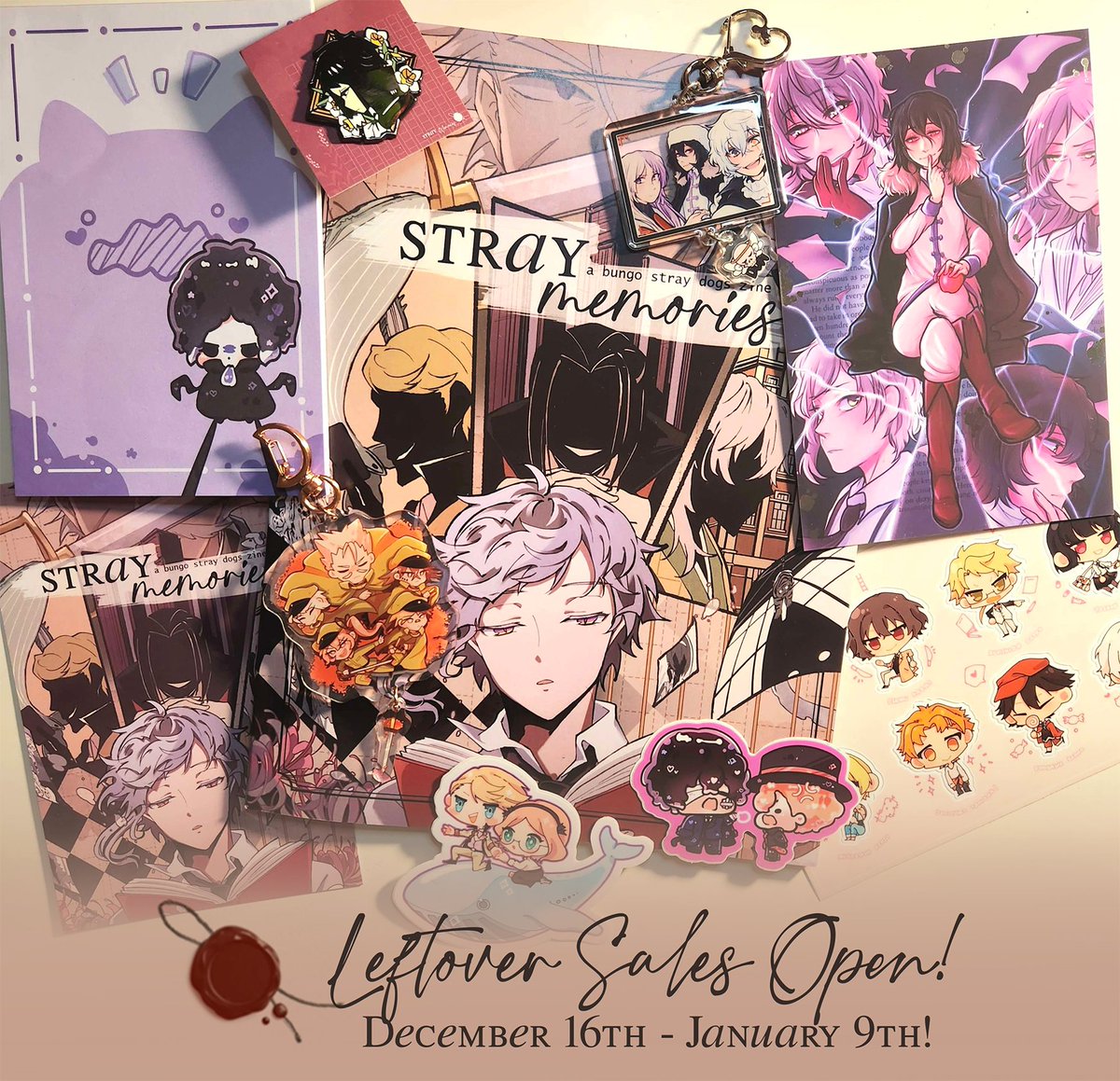 bsd_zine's tweet photo. 🍂Stray Memories Leftover Sales OPEN!🍂

Our leftover sales for Stray Memories, a Bungou Stray Dogs zine are officially open until January 9th! Grab your bundle quick, our supplies are limited!

🛒STORE: https://t.co/vF8ixp6olI

#bsdtwt #BSD #BungouStrayDogs https://t.co/A40jiy4Lwi