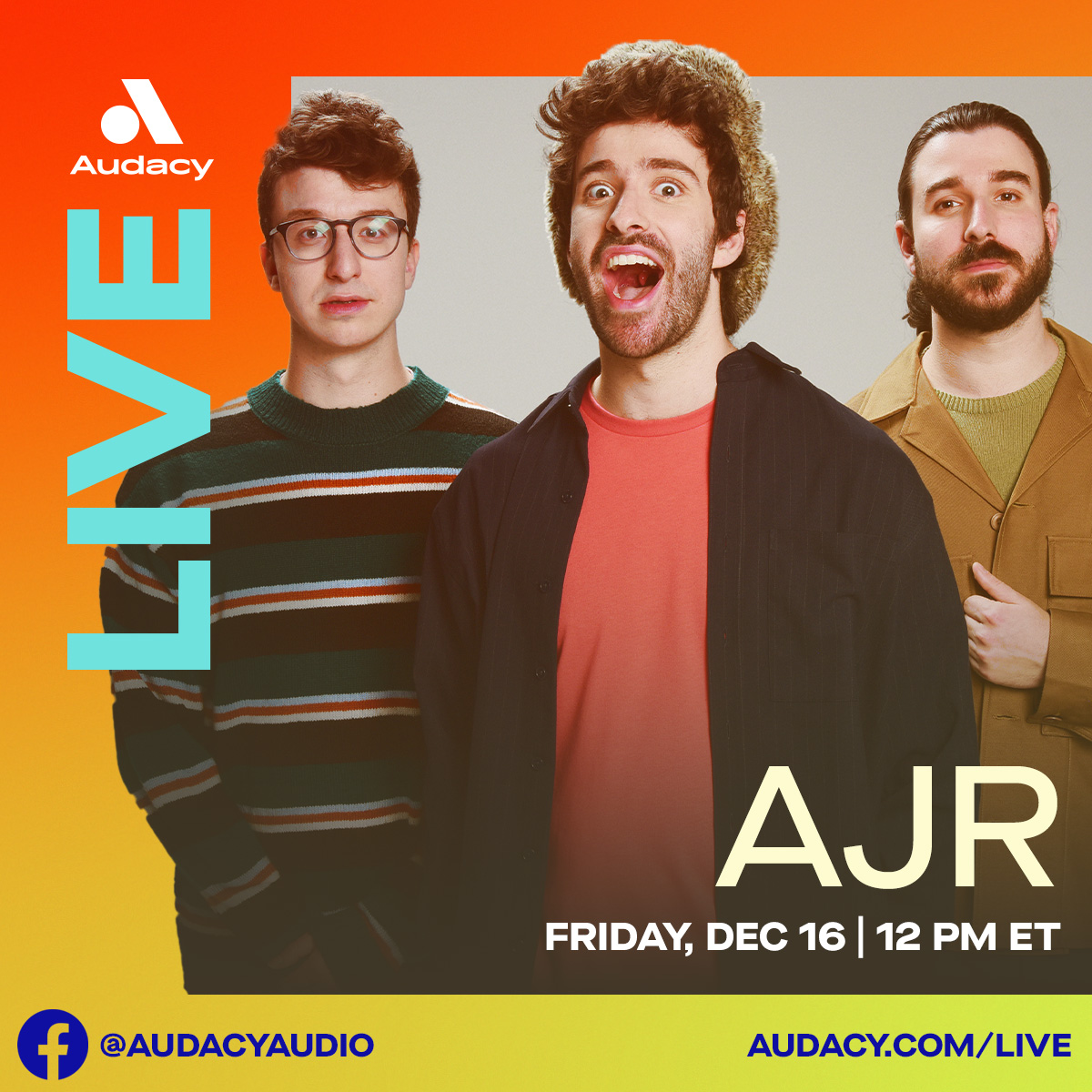 ✨ IT’S TIME! ✨ #ComeHangOut at our #AudacyLive with @AJRBrothers starting now! 👀 ➡️ Watch on our FB: auda.cy/AJRLive