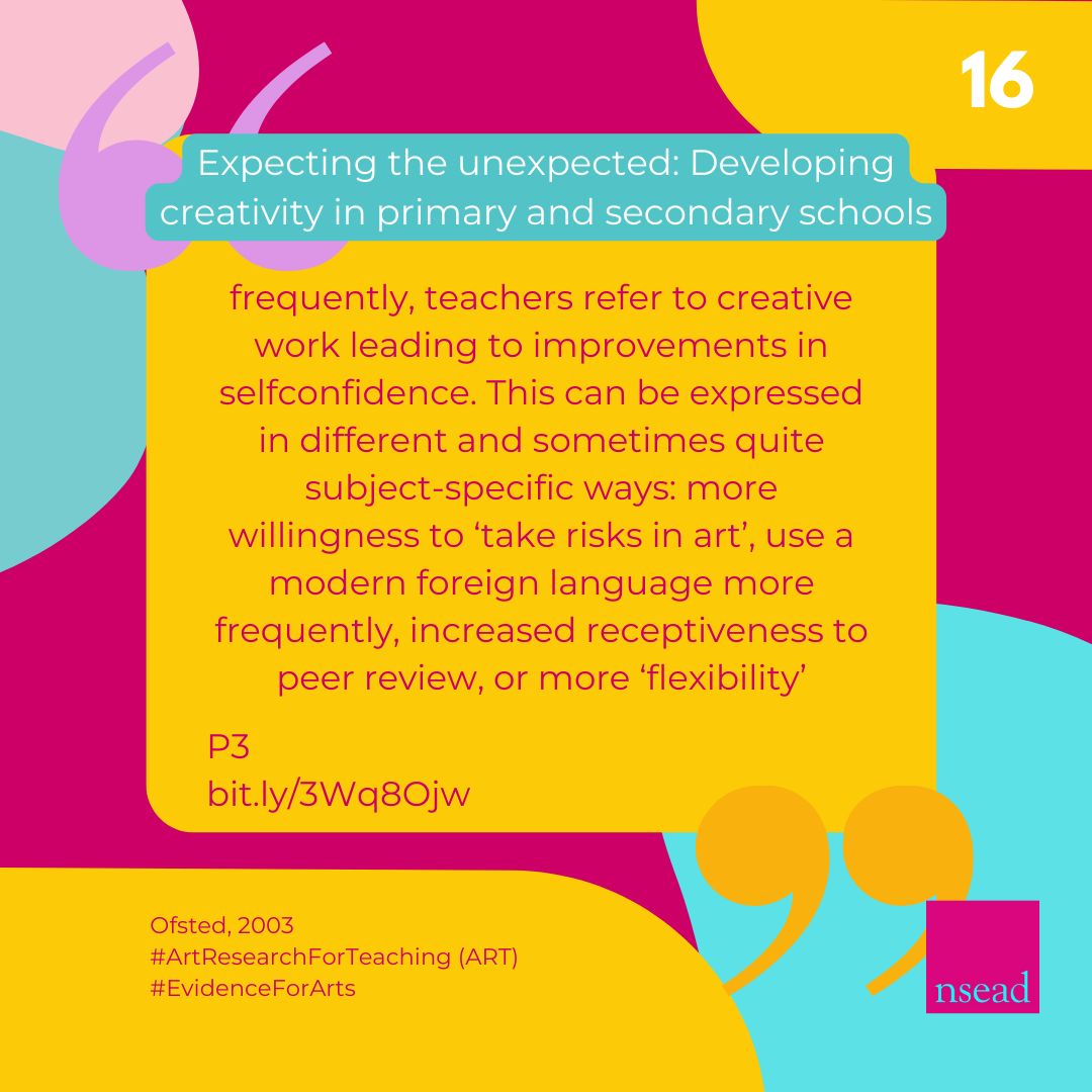 NSEAD1's tweet photo. Day 16: This quote is from a report by Ofsted, showing how increased confidence and willingness to take risks opens up new opportunities for learning https://t.co/62Pmb0maGG #ArtResearchForTeaching #EvidenceForArts #ArtEd #ArtAndDesign #ArtsAndCrafts #CriticalThinking #Creativity https://t.co/ookUuiIw59
