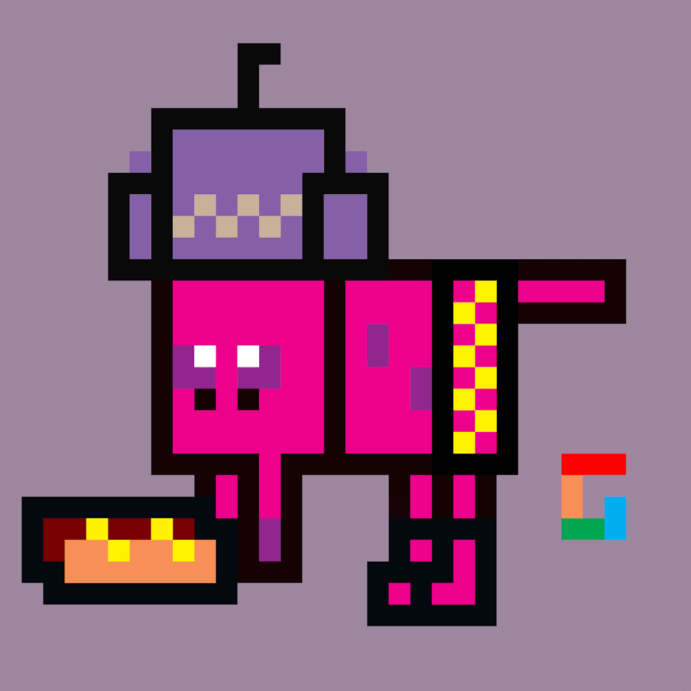 cryptopeplz's tweet photo. @hazyartworks Bold confident lines, hotdogs, pink n yellow, raw pixels in natural form of squares , and colorful G 🌈 https://t.co/H7v1kE42Yw