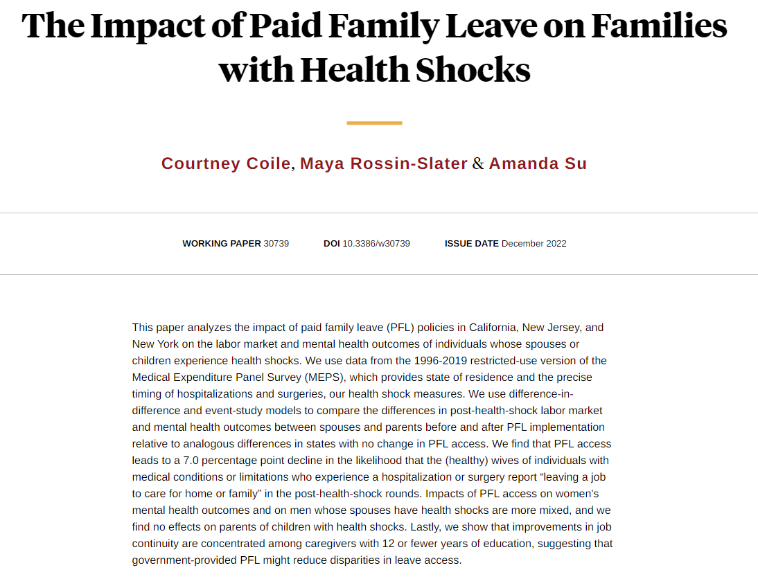 nberpubs's tweet photo. State paid family leave policies promote job continuity for the wives of individuals who experience serious health shocks, from @ccoile, @maya_rossin, and Amanda Su https://t.co/4oNBxlf9GF https://t.co/M0YYhte0Df