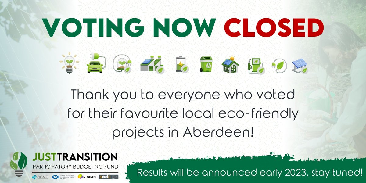 🚨VOTING NOW CLOSED!🚨

⛔️The #JTPBFund vote is now closed

👏Thank you to everyone who voted for their favourite eco-friendly projects in #Aberdeen & had their say in #Scotland's just transition to #NetZero!

⏳The successful projects will be announced in early 2023, stay tuned!