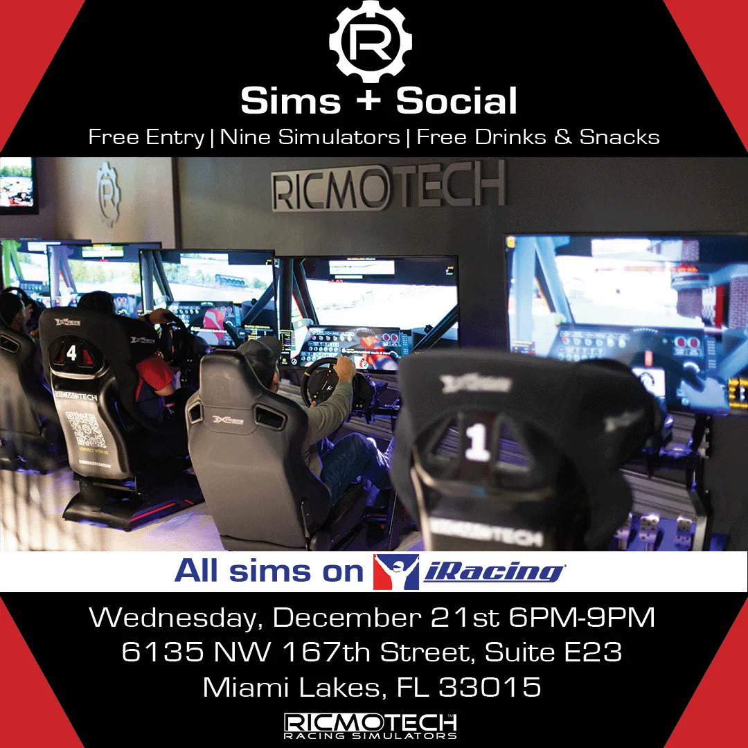 Sims + Social will be next Wednesday! Perfect time to come in and try out our products. (Maybe get some last-minute ideas for the holiday season?) No purchase is necessary; drinks and snacks are complimentary. #ricmotech #iracing #simracing #miami #esports #broward #wpb