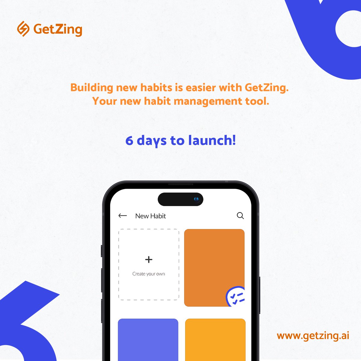 getzingai's tweet photo. Old or new habits? Manage them better with GetZing ๐งก
Launching in 6 days! Visit our website to join the waitlist: https://t.co/UC68j8RCb7
#habitmanagement #bethebestversion
#build #GetZing https://t.co/mW0xGDpapJ