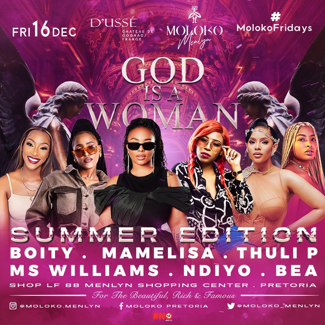 #MolokoFridays brings you God Is A Woman theme tonight

@boity
<a href="/Thuli_P/">Thuli Pretty Mpangase</a>
<a href="/sbokhuzy/">SBOKHUZY 🇿🇦</a>
@mswilliams_dj
@djyeankeyz
@dj_Ndiyo
@_bae_mm
@Poizondj

Doors Open at 23:00 | Dress to Impress 👠👗👞

#GodIsAwoman #MolokoMenlyn #MolokoForEver #MolokoIsTheBest #MolokoVibes