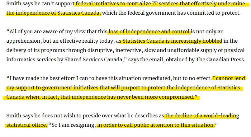 LayThemBare's tweet photo. Smith outright states that #StatsCan's independence had been compromised by Shared Services Canada, which is under the control of the #Trudeau Libs.
This was a huge #RedFlag and seeing the term #Centralizing made it worse
This is what #communists do to control information
4/ https://t.co/mzcaHqigbr
