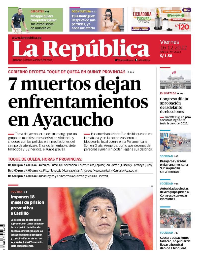 AlexFebrero_'s tweet photo. La República confirma que los fallecidos fuera de Lima son sólo una noticia tibia de media plana. El reflejo perfecto de esta sociedad. Comparemos portadas. https://t.co/bvjs4tomBp