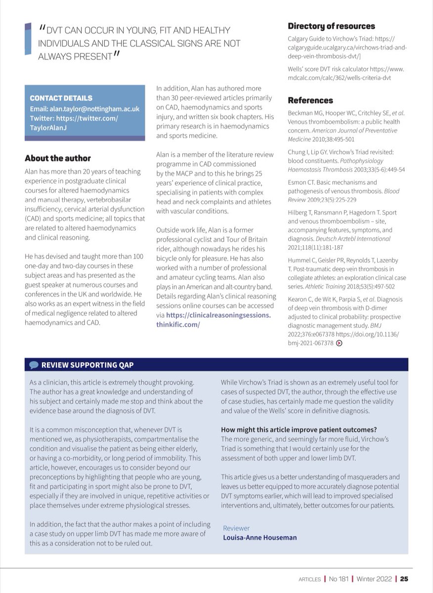 Alan J Taylor (@tayloralanj) on Twitter photo Masqueraders … 🔎🕵🏻♂️🚨
‘Recognising deep vein thrombosis #DVT in the MSK clinic’
In the Winter edition of In Touch <a href="/PhysioFirstC/">Physio First</a>
A critique of #WellsScore and a reminder that #DVT can effect fit healthy individuals AND the #UpperLimb
#Physio #PhysicalTherapy #Haemodynamics Masqueraders … 🔎🕵🏻♂️🚨
‘Recognising deep vein thrombosis #DVT in the MSK clinic’
In the Winter edition of In Touch <a href="/PhysioFirstC/">Physio First</a>
A critique of #WellsScore and a reminder that #DVT can effect fit healthy individuals AND the #UpperLimb
#Physio #PhysicalTherapy #Haemodynamics