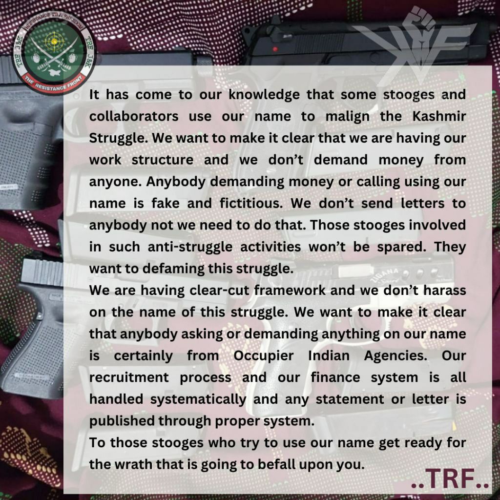 TracTerrorism's tweet image. The Resistance Front (#TRF) Warn of Imposters #Extorting #Money in the Name of TRF, #Jammu and #Kashmir, #India and #Pakistan
Read more: trackingterrorism.org/chatter/trf-to…
