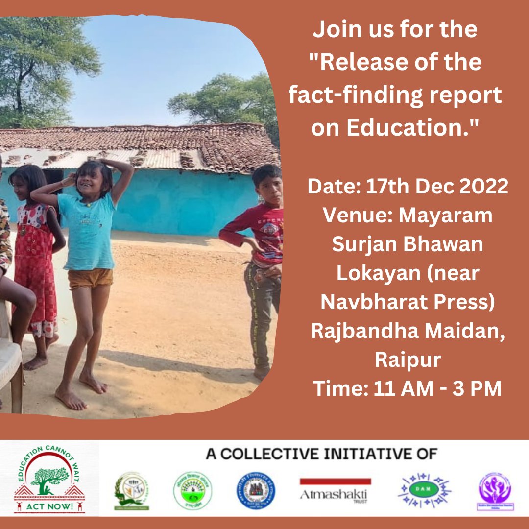 Atmashakti3's tweet image. Join us tomorrow in Raipur, Chattisgarh, for the release of the fact-finding report on education and collective consultation on the learning recovery programme, dropout, migration and RTE.

Education cannot wait. Act Now!
#learningrecovery #bridgethegap #educationmatters