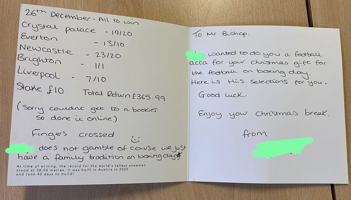 M_Bishop13's tweet photo. Just received an unreal 10/10 Christmas present from a student…. A £10 acca put on for me for Boxing Day!! #primaryteacher #betting #footyacca @FootyAccums @ladbible @AndyRobsonTips https://t.co/EcxfWpLHbI