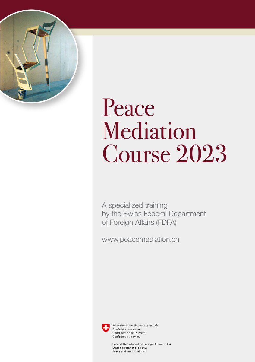 Peacemakers Network (@peacemakersnetw) on Twitter photo Applications are open for <a href="/swisspeace/">swisspeace</a> #2023 Peace Mediation Course! Want to deepen your understanding of peace mediation and negotiation?
Learn more on how apply here bit.ly/3V0Zj97
Deadline: Jan 31, 2023 Applications are open for <a href="/swisspeace/">swisspeace</a> #2023 Peace Mediation Course! Want to deepen your understanding of peace mediation and negotiation?
Learn more on how apply here bit.ly/3V0Zj97
Deadline: Jan 31, 2023