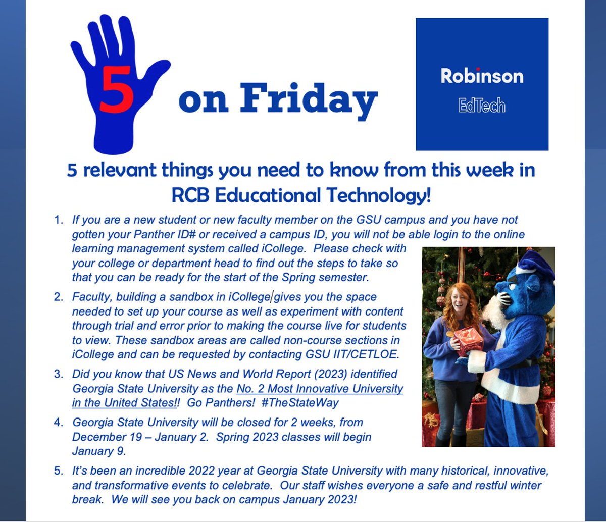 RobinsonEdTech's tweet photo. Happy Holidays, Panthers!
@RobinsonCollege
 #edtech #rcbcts #5onFriday #GSU https://t.co/tGxW9V69cw