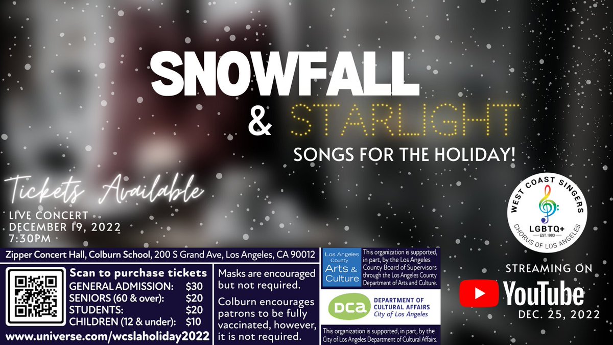 wcsla1's tweet photo. Snowed in due to starlight and going to miss the #concert? Well you are in luck! You can catch the concert on our YouTube Channel from 12/25/22 through 1/8/23. Make sure you are subscribed! #wcslaholiday  #LGBTQIA #chorus #nonprofit  #event #arts #music #community #tistheseason https://t.co/VRIgMdnMTD