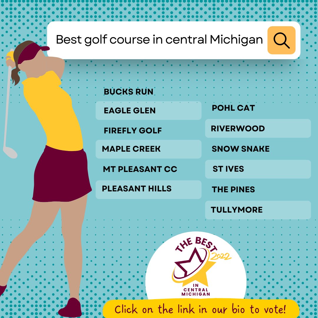 BestOfCentralMI's tweet photo. Time to vote for your favorite golf club in Central Michigan.⁠
Best of Central Michigan is back, and it is time to vote for all the great people, places and things that make living in Central Michigan so awesome! ⁠
https://t.co/gGXqbqblMv  https://t.co/kvnUjK7uBR