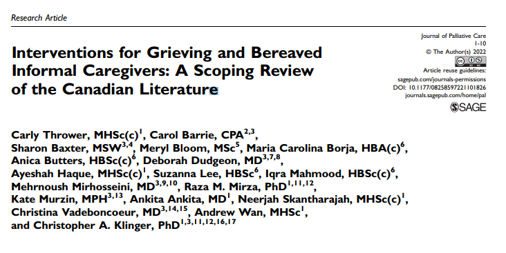 CSPM_SCMP's tweet photo. WORTH A LOOK: This study aimed to identify current interventions addressing the grief and bereavement experiences of informal caregivers of geriatric patients in the #Canadian (hospice) palliative/end-of-life care realm. @CanadianHPCAssn #QELCCC
https://t.co/uxlzXFC9kT https://t.co/bbwa7LRw7A