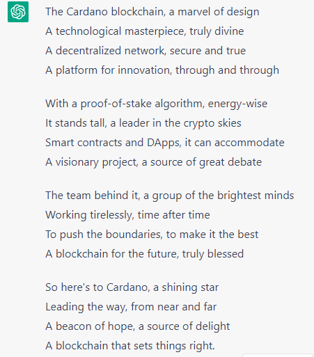 The_ADA_Poet's tweet photo. I asked #ChatGPT to write a poem about Cardano, and I've rarely ever read a more accurate poem. 😄 https://t.co/szinxR8VCJ