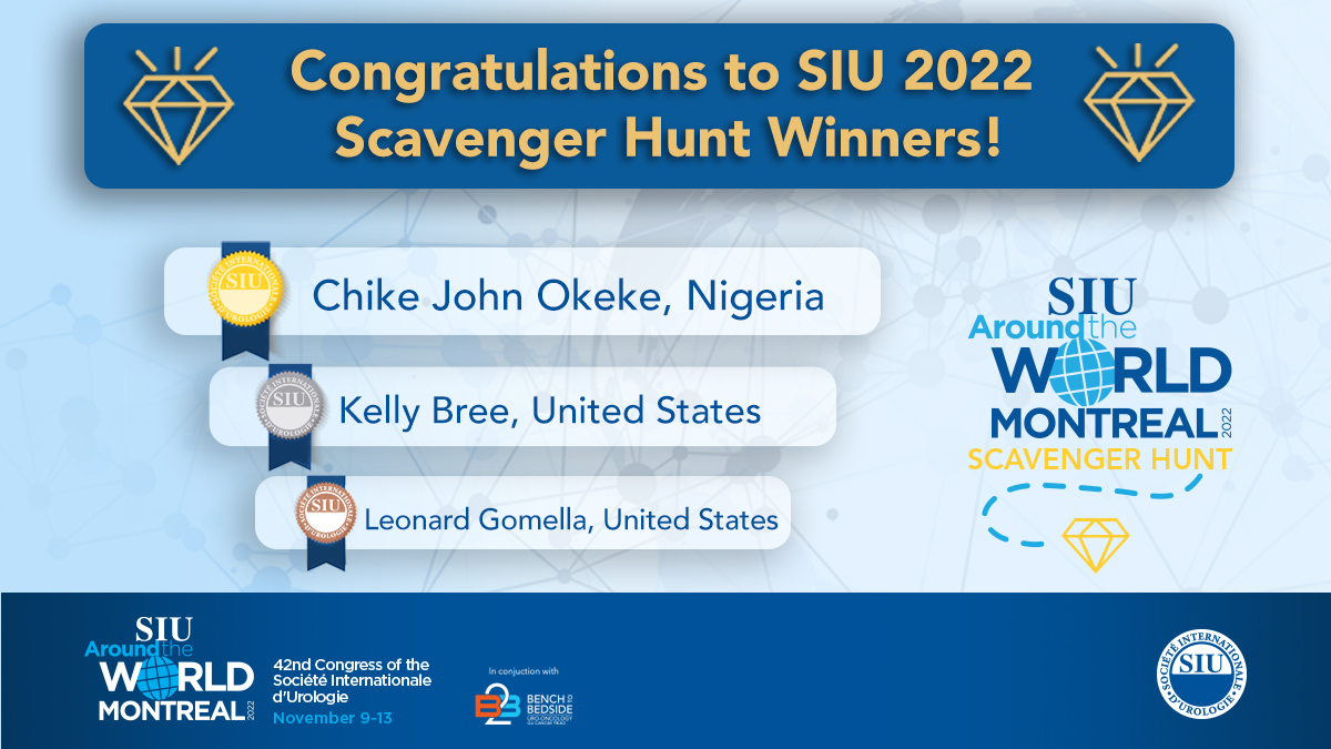 SIU_urology's tweet photo. Congratulations to the winners of this year's #SIU2022 Congress Scavenger Hunt. Thank you to all attendees, in person and online, who participated. We look forward to next year's challenges at #SIU2023 in Istanbul, Türkiye October 11-14. @Chikkksss @KKBree https://t.co/Uwx7JTJXwO