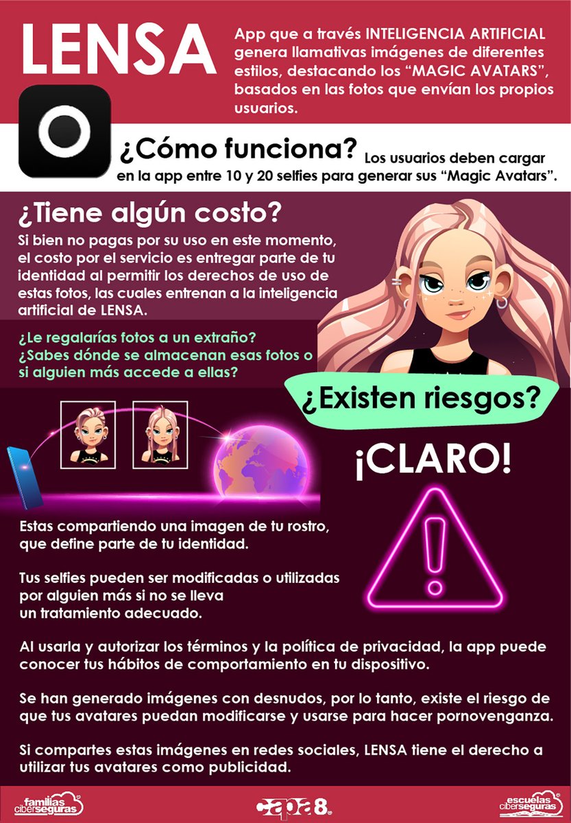 FCiberseguras's tweet image. 📌 ¿Le regalarías fotos a un extraño? 📸
LENSA es una app que a través de #IA genera imágenes creativas con fotos que le compartes, pero no está de más que conozcas los riesgos y tomes precauciones si decides usarla.
#ciberseguridad #privacidad #lensaapp
