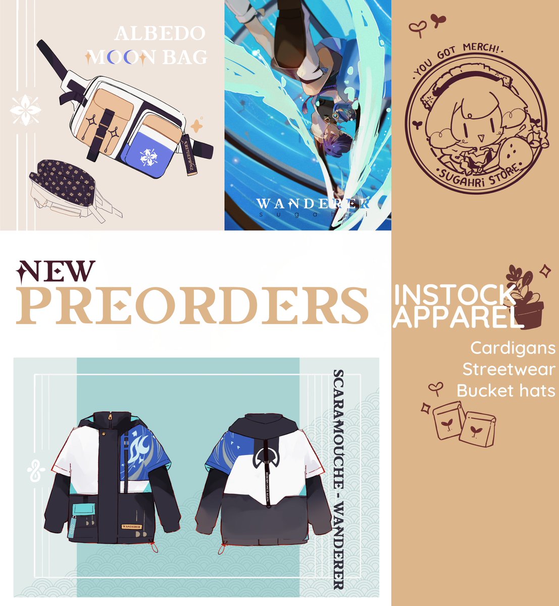 Sugahri's tweet photo. THE STORE IS OPEN!✨✨❄️ You can now Preorder the Wanderer jacket and Albedo fanny pack!

💫(RT helps) Link below https://t.co/XsVq5BBVIk