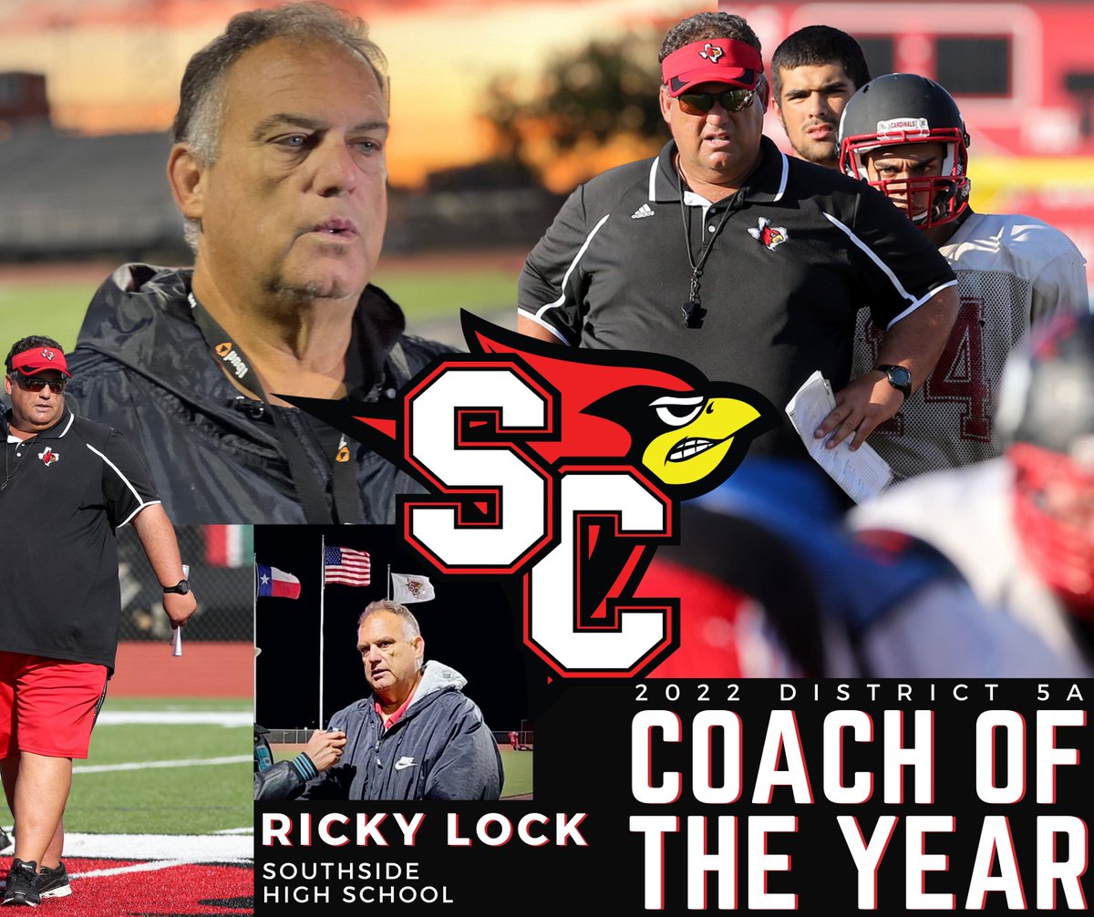 southsideisd's tweet photo. Congratulations to Southside High School's Coach Ricky Lock for being selected as the 2022 5A Coach of the Year. Coach Lock has led the Southside Cardinal Football Team for nine seasons and recently took the Football Team to the Area Round Playoffs. https://t.co/V5tTOOUXqT