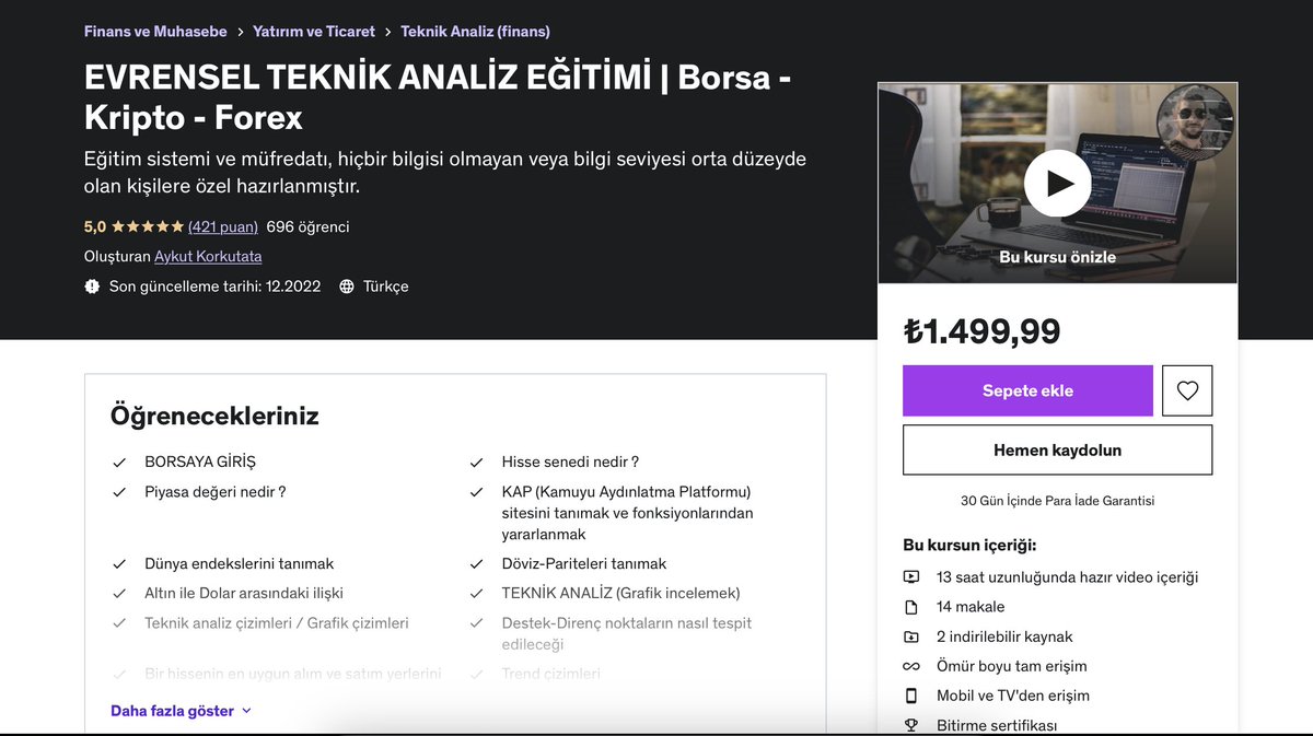 UDEMY EĞİTİM ÜCRETİ KAMPANYASI

EĞİTİMDE %33 İNDİRİM UYGULUYORUZ.
Eğitim tarihimiz boyunca ilk defa indirim uyguluyoruz ve bu indirim sadece yılbaşına kadar geçerli olacak.

Borsaya giriş ve Teknik analiz eğitimi 2.250 TL'den 
YILBAŞI KAMPANYASINA ÖZEL 1.500 TL'ye indirdik.