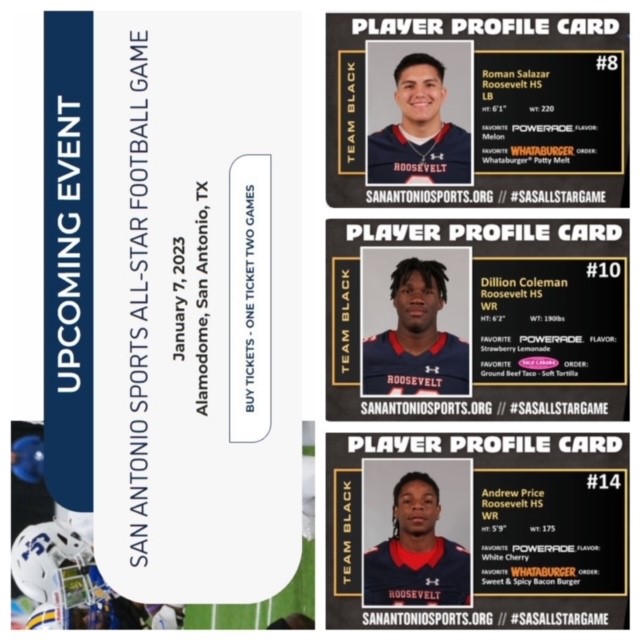 Join TR at the Alamodome on January 7th for the San Antonio All-Star Football game. Rough Rider football athletes Roman, Dillion, and Andrew will be front in center on the field! Buy your tickets now and sport your TR gear as we cheer them on to a big win.