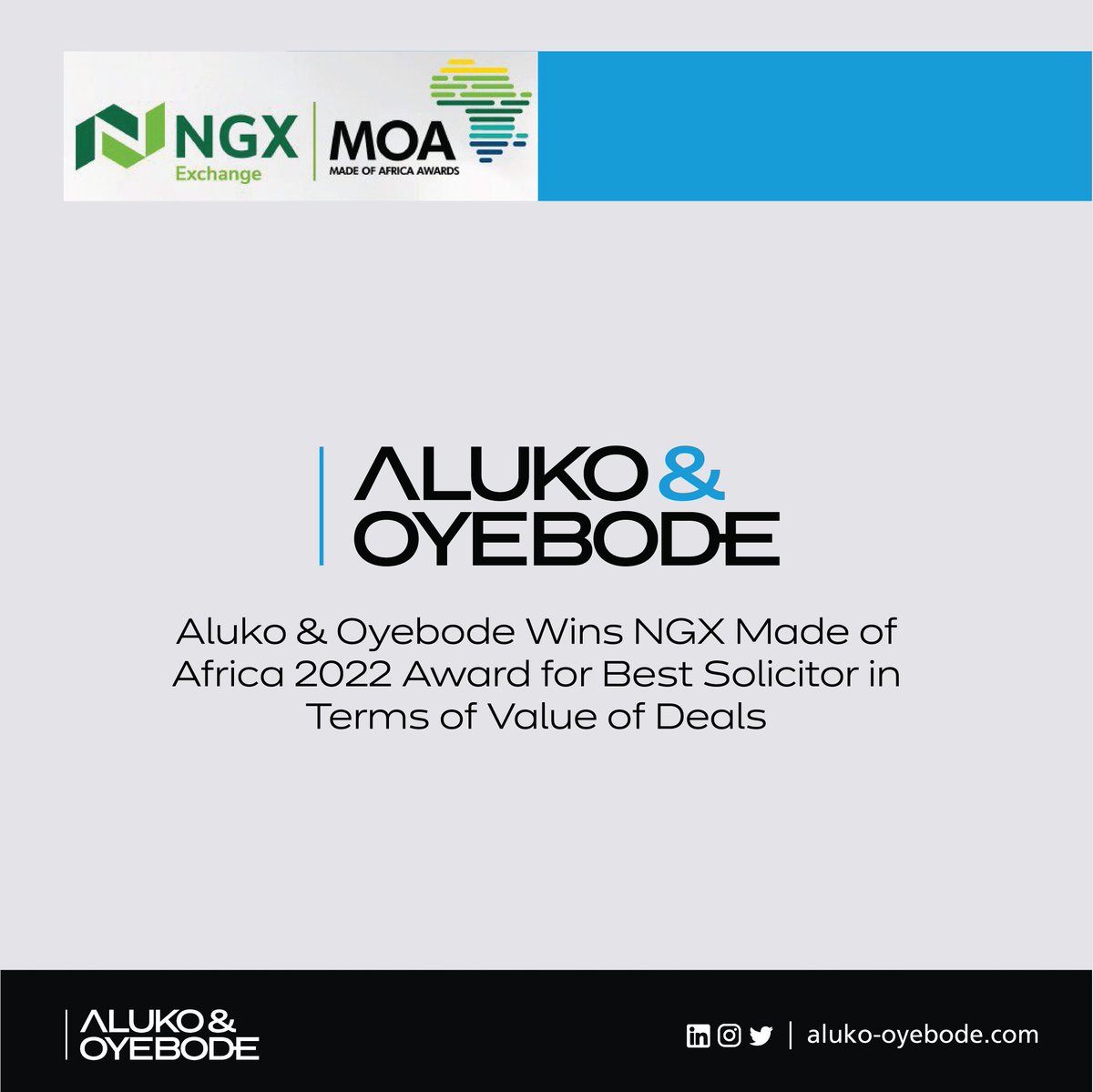 Aluko_Oyebode's tweet photo. Aluko &amp; Oyebode Wins NGX Made of Africa 2022 Award for Best Solicitor in Terms of Value of Deals.

Aluko &amp; Oyebode is delighted to have won the award for Best Solicitor in Terms of Value of Deals at the inaugural edition of the Nigerian Exchange Limited (“NGX”)... https://t.co/PIQPluX8JM