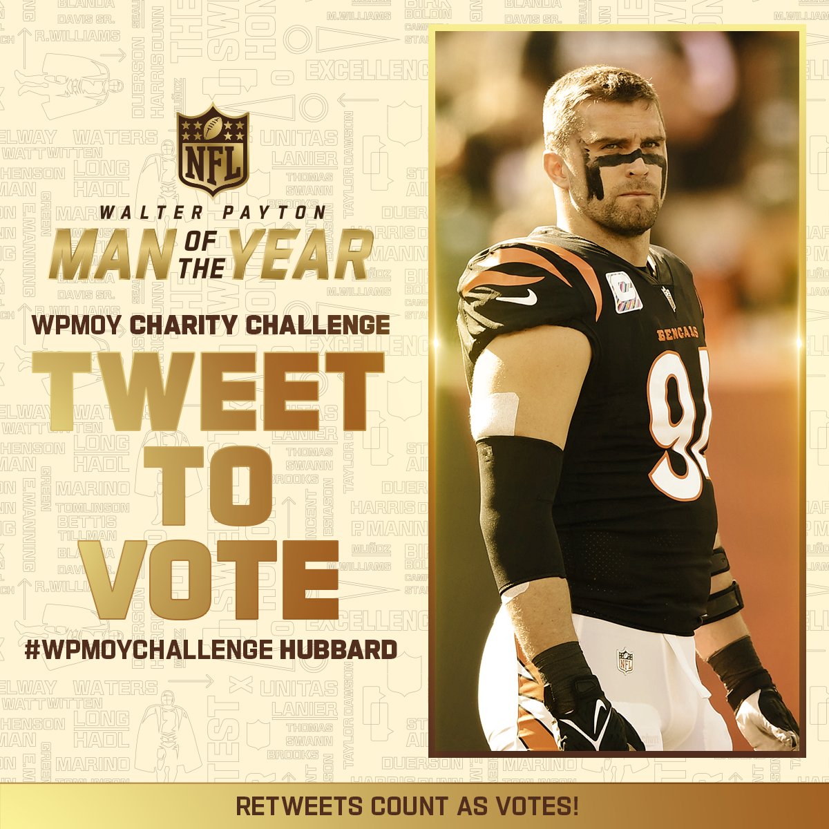 RETWEET IMMEDIATELY, BENGALS FANS!!! Patrick Mahomes is winning this...WE NEED SAM TO WIN!!
<a href="/Sam_Hubbard_/">Sam Hubbard</a> <a href="/bengaljims_BTR/">Bengal Jim & Friends</a> <a href="/TonyDaTiger96/">🐅 Tony Da Tiger 🐅</a> <a href="/Bengals/">Cincinnati Bengals</a> <a href="/sh94foundation/">The Sam Hubbard Foundation</a> 
#WPMOYChallenge + <a href="/Sam_Hubbard_/">Sam Hubbard</a> 
#WPMOYChallenge + <a href="/Sam_Hubbard_/">Sam Hubbard</a> 
#WPMOYChallenge +<a href="/Sam_Hubbard_/">Sam Hubbard</a>