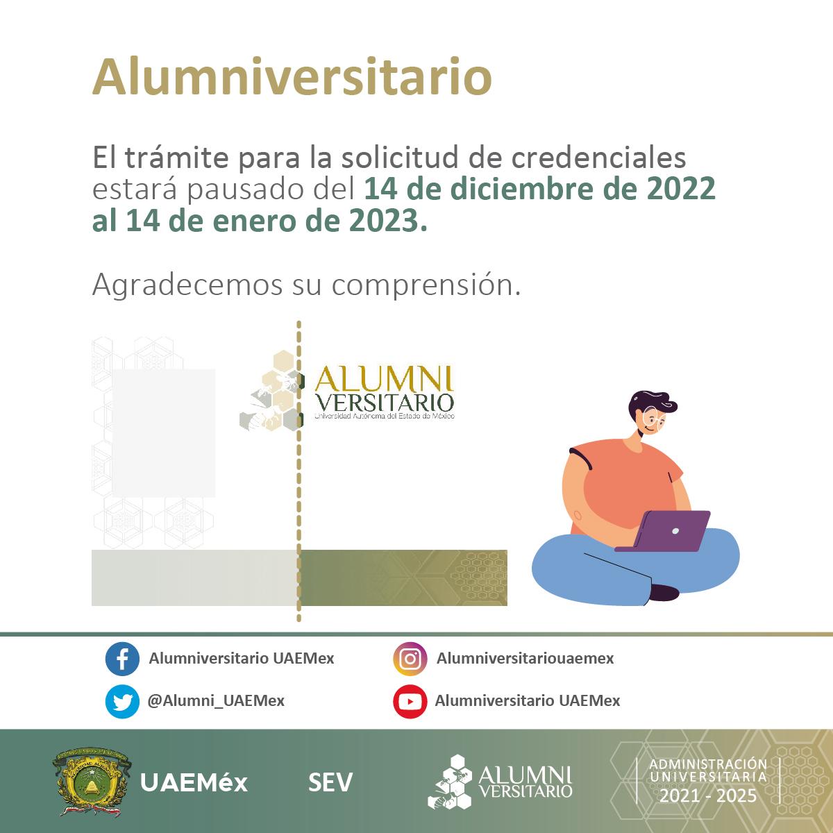 Alumni_UAEMex's tweet photo. #Alumniversitario, A V I S O ⚠️⚠️⚠️
El trámite para solicitud de credenciales estará pausado hasta el 14 de enero del 2023.
Agradecemos tu comprensión. https://t.co/7Rmh1SMWtc
