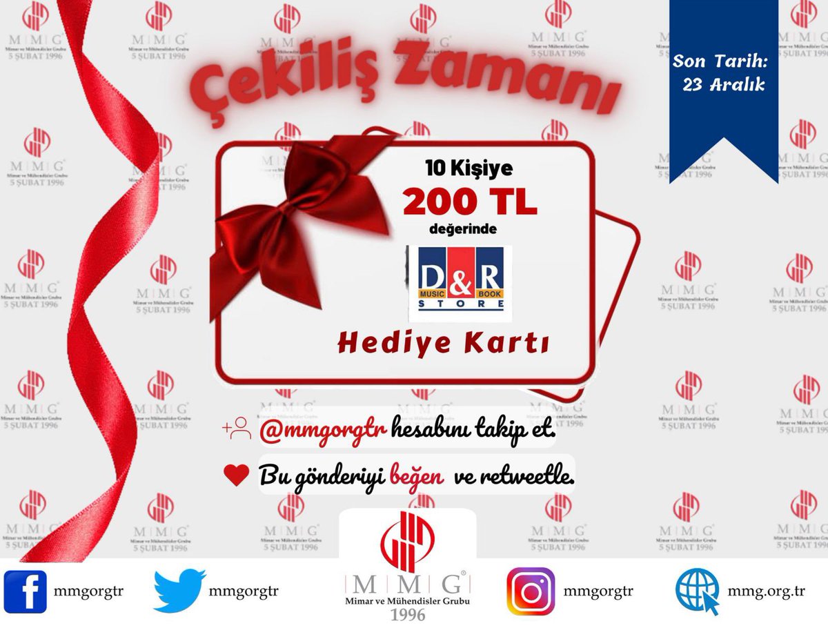 #Çekiliş 📚

Bu paylaşımı beğenerek, RT yapıp hesabımızı takibe alanlar arasından 10 kişiye 200₺ değerinde D&amp;R dijital kart hediye ediyoruz. 🎁

🗓️ Sonuçlar 23 Aralık Cuma günü açıklanacaktır.

🎉 Bol şanslar.