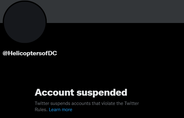 Osinttechnical's tweet photo. The account @helicoptersofdc, which primarily (due to the nature of you know, DC) tracked government helicopters, has been suspended. https://t.co/4UKD5mpQxX